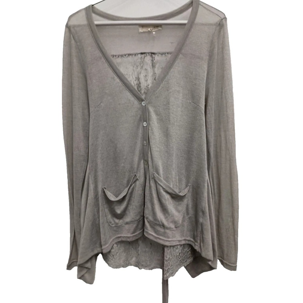 A'reve BOHO Cardigan Womens Medium Gray Lace Back Button Front Long Sleeve